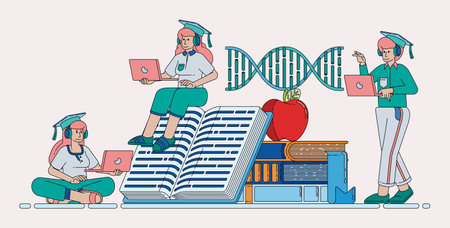 Line illustration of biology and DNA education concept with stacks of books apples and scientific...