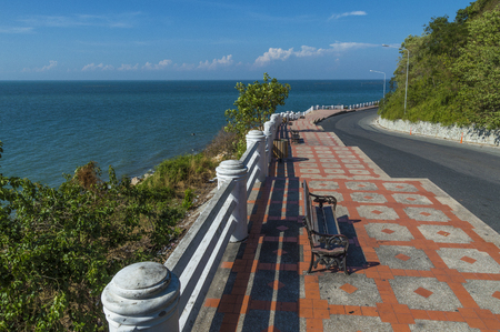 Road, Mountain and sea at Khao Sam Muk Chonburi in Thailand.の写真素材