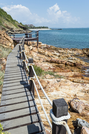 wooded bridge of seaside.の写真素材