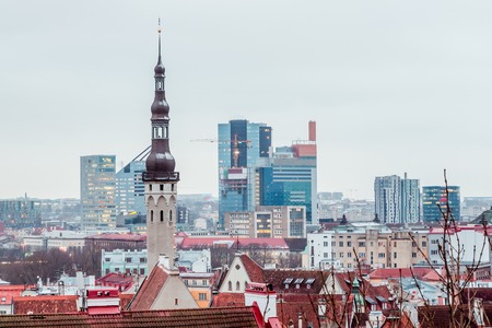aerial view of the old and modern city, Tallinn Estoniaの写真素材