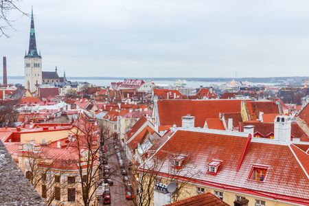 aerial view of the old and modern city, Tallinn Estoniaの写真素材