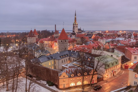 aerial view of the old and modern city, Tallinn Estoniaの写真素材