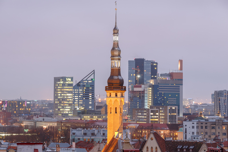 aerial view of the old and modern city, Tallinn Estoniaの写真素材