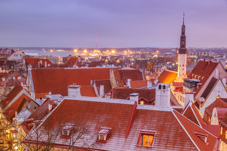 aerial view of the old and modern city, Tallinn Estoniaの写真素材