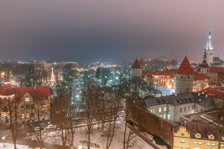aerial view of the old and modern city, Tallinn Estoniaの写真素材