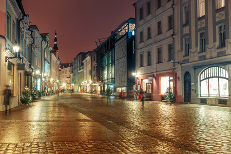 night view of the street, Tallinn Estoniaの写真素材