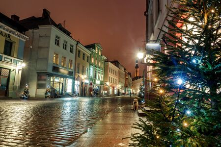 night view of the street, Tallinn Estoniaの写真素材