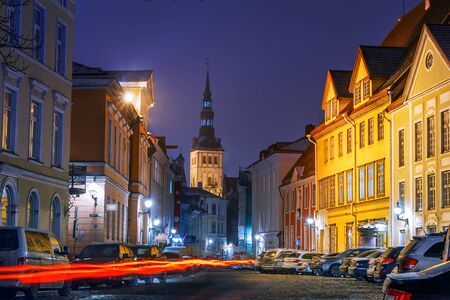night view of the street, Tallinn Estoniaの写真素材