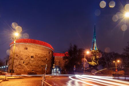 night view of the street, Tallinn Estoniaの写真素材