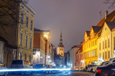 night view of the street, Tallinn Estoniaの写真素材