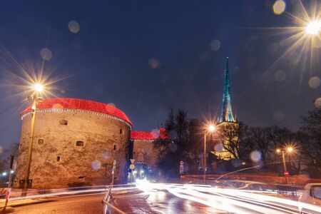 night view of the street, Tallinn Estoniaの写真素材