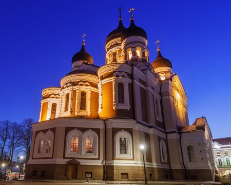 night view of the street, Tallinn Estoniaの写真素材