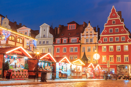 Christmas night market place in Wroclaw, Polandの写真素材
