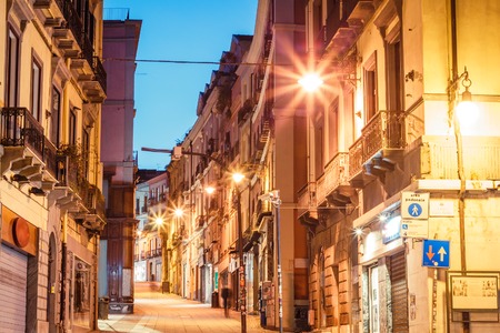 morning streets with lanterns and cafes in Cagliari Italy in Sardiniaの写真素材