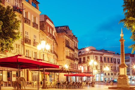 morning streets with lanterns and cafes in Cagliari Italy in Sardiniaの写真素材