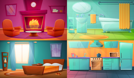 set of posters with different rooms of the apartment, vector illustrationのイラスト素材