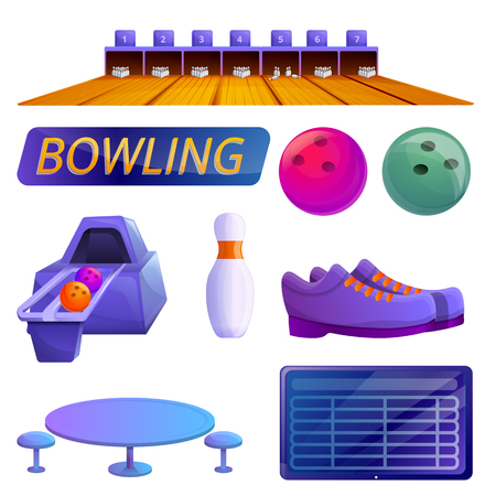set of cartoon icons on the theme of bowling, vector illustrationのイラスト素材