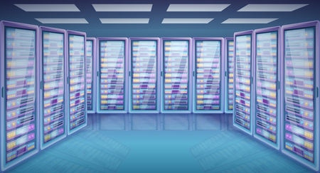 cartoon server room with cabinets with servers, vector illustration ...