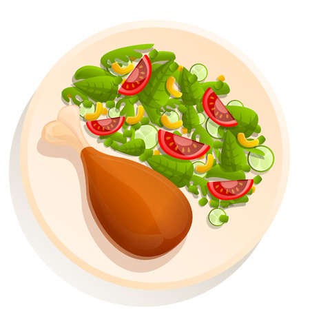 Cartoon plate with chicken leg and salad, vector illustrationのイラスト素材