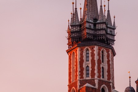view of the main square of krakow and mariac church at spring