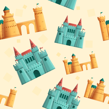 beautiful cartoon seamless pattern on the theme of castles, vector illustrationのイラスト素材