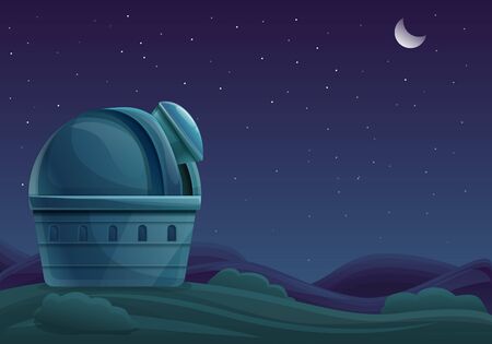 Cartoon building of the observatory at night with a telescope in the sky with stars, vector illustrationのイラスト素材