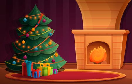 Cartoon team with a Christmas tree by the fireplace and gifts, vector illustrationのイラスト素材
