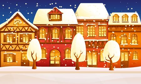 Cartoon night old european city in winter, vector illustrationのイラスト素材