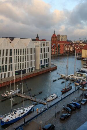 Gdansk embankment with yachts and the old city against the backdrop