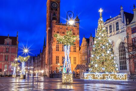 Gdansk New Year Square with Christmas tree and town hall