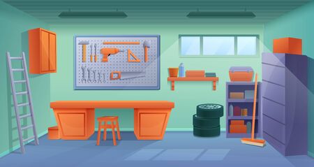 Cartoon workshop garage interior with tools and furniture, vector illustrationのイラスト素材