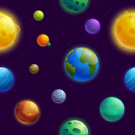 seamless background with planets cartoon planets and stars, vector illustrationのイラスト素材