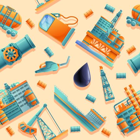 seamless background of cartoon icons on the theme of oil production and refining, vector illustrationのイラスト素材