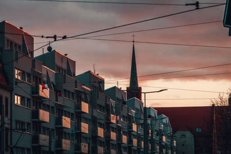 building, towers, city, wroclaw, poland, europe, street, sky, sunset, evening, city, travel, tourism, touristの写真素材