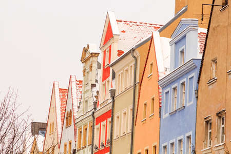 winter daytime snowy old buildings of wroclaw city in polandの写真素材