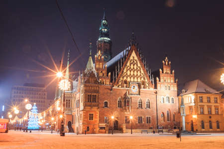 snowy new year decorated city wroclaw in winter in polandの写真素材
