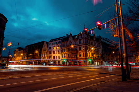 night streets of the city of wroclaw in poland in springの写真素材