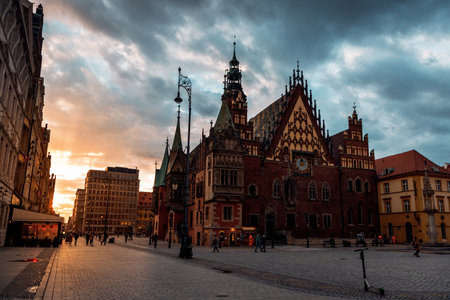evening streets of the city of wroclaw in poland in spring at sunsetのeditorial素材
