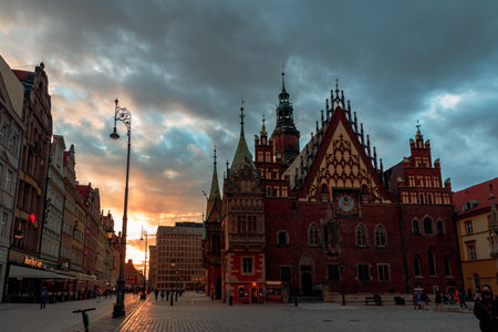 evening streets of the city of wroclaw in poland in spring at sunsetのeditorial素材