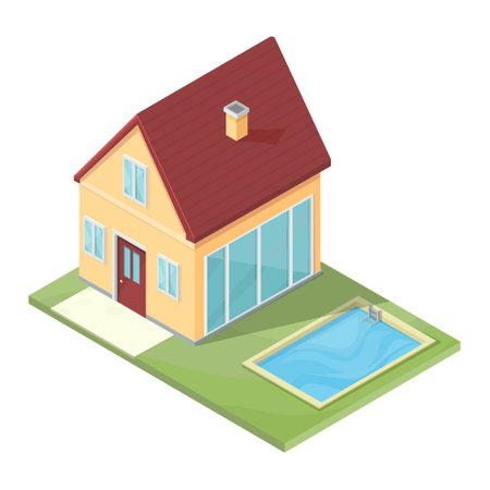 cartoon isometric two story house with pool on the lawn, vector illustrationのイラスト素材