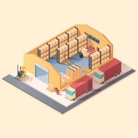 cartoon isometric warehouse with boxes and appliances, vector illustrationのイラスト素材