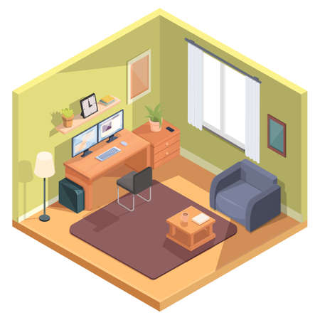 cartoon isometric room with computer and furniture, vector illustrationのイラスト素材