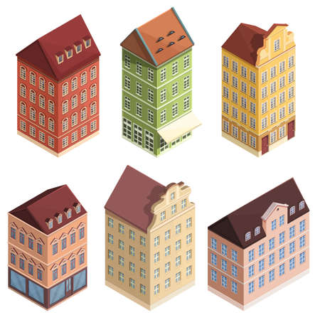 set of cartoon european isometric houses, vector illustrationのイラスト素材