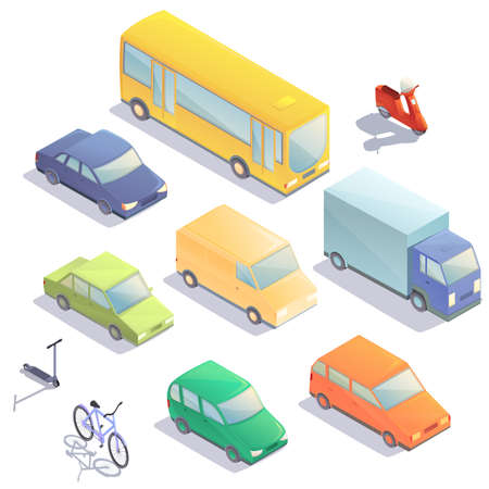 cartoon isometric set of vehicles, vector illustrationのイラスト素材