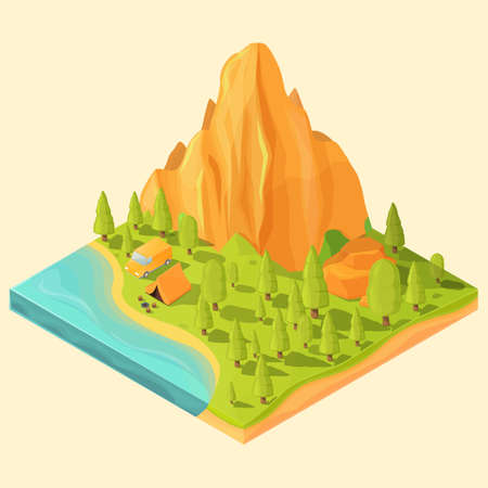 cartoon isometric tent and van in nature in the mountains by the lake, vector illustrationのイラスト素材