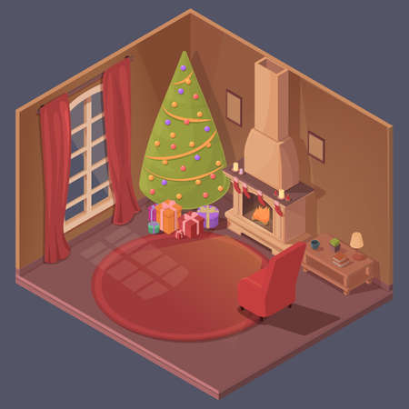 isometric room with christmas decorations and fireplace, vector illustrationのイラスト素材