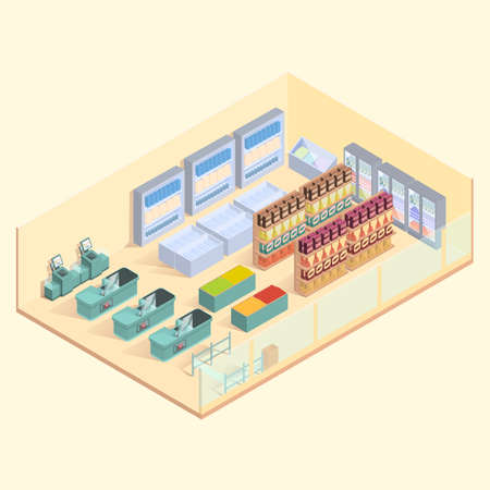 isometric supermarket interior with groceries, vector illustrationのイラスト素材