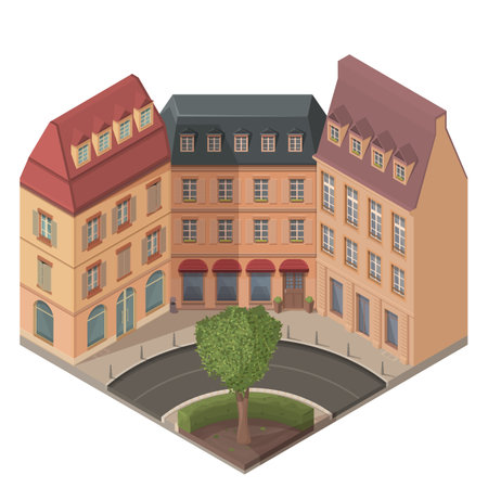 isometric european street with old houses and square, vector illustrationのイラスト素材