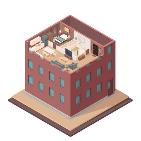 isometric street with building with apartment, vector illustrationのイラスト素材
