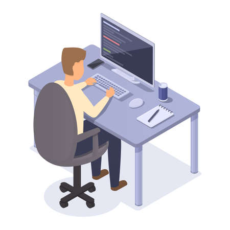 isometric guy programmer working at the computer, vector illustrationのイラスト素材